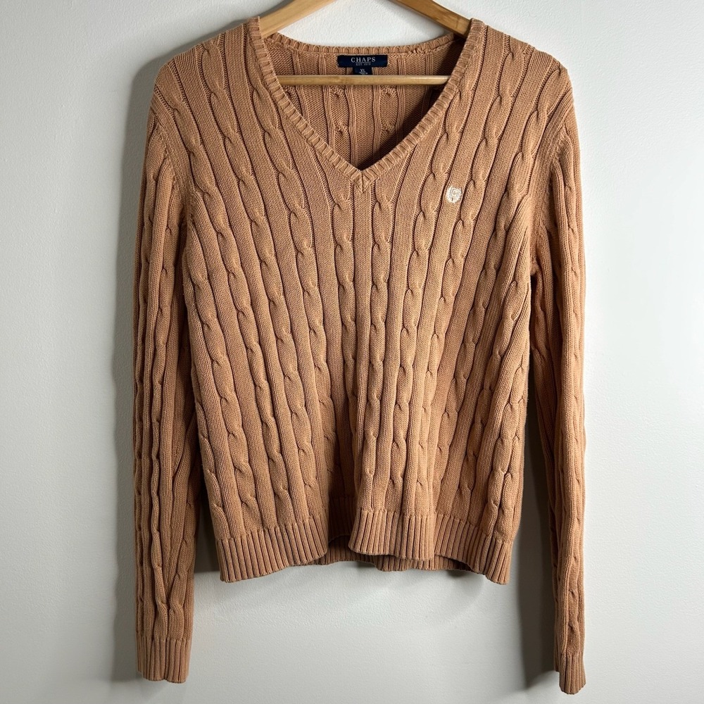 VTG Y2K Chaps Cable Knit V Neck Sweater Women XL Tan Fisherman Old Money Preppy‎